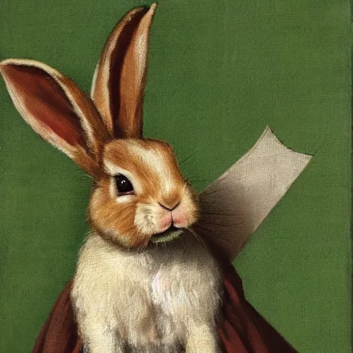 Image similar to a rabbit wearing a green cape, victorian painting