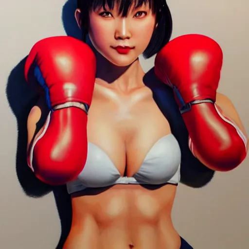 Prompt: 8K photorealistic Portrait of Chun-Li wearing red boxing gloves, sitting on a chair, intricate upper body, whole body, highly detailed, digital painting, artstation, concept art, smooth, sharp focus, illustration, art by Hajime Sorayama