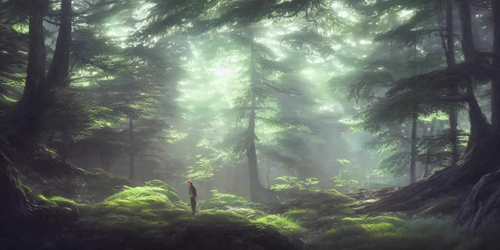 Image similar to a forest, highly detailed oil painting, Studio Ghibli, Jessica Rossier, digital art, octane render, gorgeous lighting, beautiful composition, trending on artstation, masterpiece