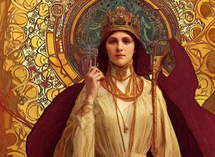 Image similar to byzantine empress theodora the first, art nouveau artwork masterpiece, by Alphonse Mucha, Adolfo Hohenstein, Stanley Artgerm Lau, Greg Rutkowski, Thomas Kindkade, trending on artstation, 4k, smooth, sharp focus