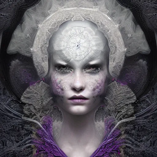 Prompt: tom bagshaw, soft painting fractal curiosities carnival, symmetry accurate features, focus, very intricate ultrafine details, black white purple volumetric lights, award winning masterpiece, octane render 8 k hd