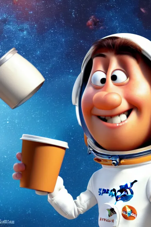 Image similar to portrait of a astronaut holding a cup of coffee with the space in background, full body. pixar disney 4 k 3 d render funny animation movie oscar winning trending on artstation and behance, ratatouille style