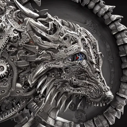 Image similar to A biomechanical ornate wolf made of engraved full plate armor and gears, Macro shot by Justin Gerard, unreal engine, physically based rendering
