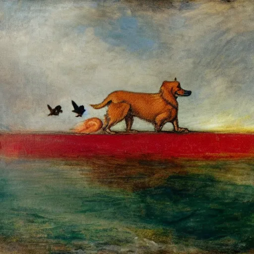 Prompt: A red dog sitting in the middle with red squares floating. Ducks flying in the background. in the art style of William Turner. Dramatic, high resolution.