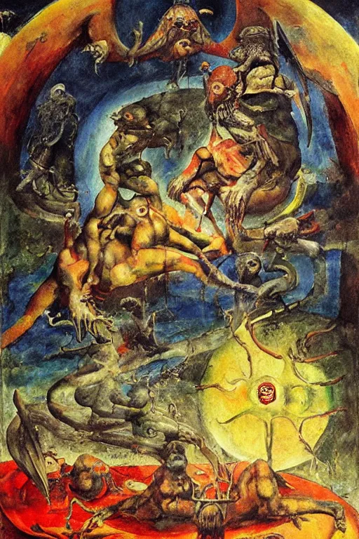 Image similar to surreal the temptation of st anthony, in a post apocalyptic hellscape, esoteric symbolism, intense emotional power, red yellow black, palette knife oil painting by peter booth, josh kirby and william blake