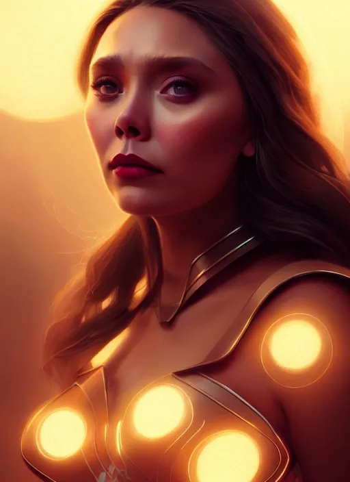 Image similar to portrait of modern darna, elizabeth olsen, intricate, elegant, glowing lights, highly detailed, digital painting, artstation, glamor pose, concept art, smooth, sharp focus, illustration, art by wlop, mars ravelo and greg rutkowski