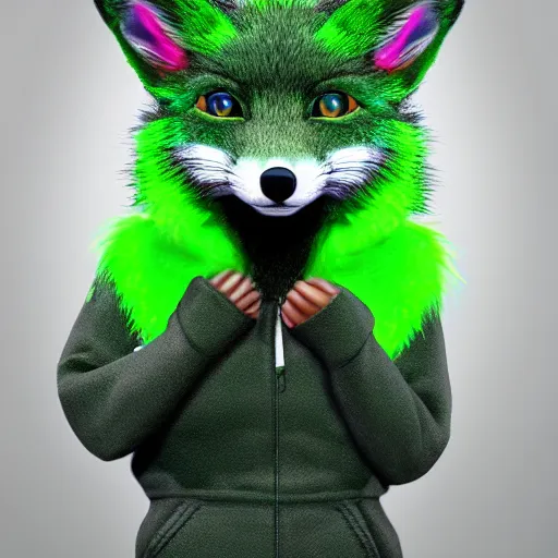 Image similar to photorealistic green fox with green fur and glowing magenta eyes, wearing a black hoodie