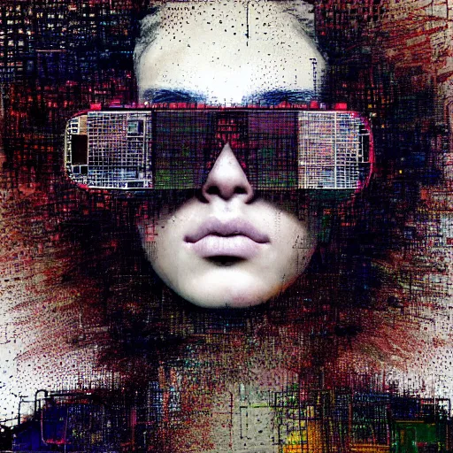 Prompt: hyperrealistic portrait of a young teenager with curly hair with vr glasses, by Guy Denning, by Johannes Itten, by Russ Mills, centered, glitch art, hacking effects, digital tech effects, cyberpunk, color blocking! , oil on canvas, intricate detail, concept art, abstract, octane render, octane, cgsociety, 8k, trending on artstation