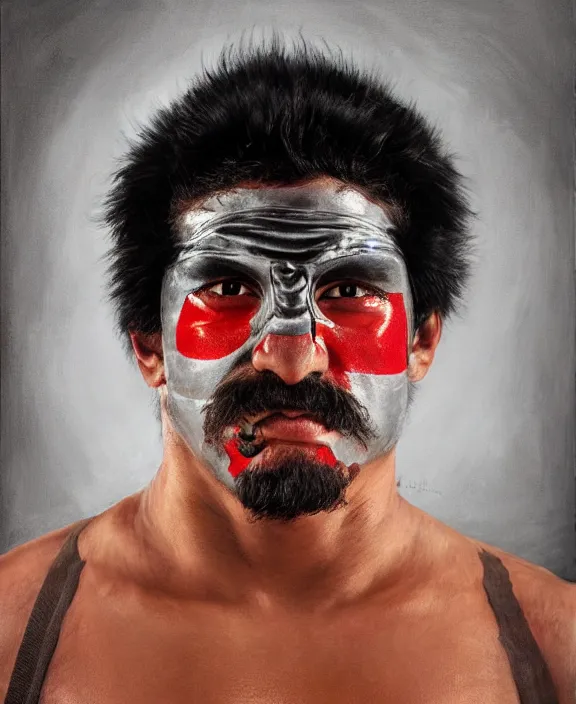 Prompt: heroic portrait of a young mexican wrestler. art by denys tsiperko and bogdan rezunenko, hyperrealism