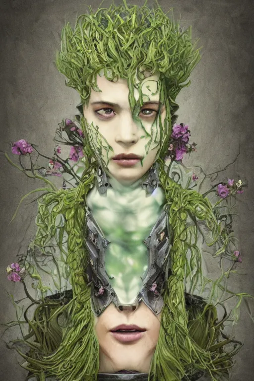 Image similar to portrait of beautiful young mainem, warhammer, japaneese style, cyber armor, a lot of more scars, more and more flowers, green head, the middle ages, highly detailed, artstation, illustration, art by rene magritte, 8 k quality