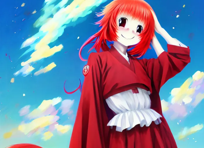 prompthunt: happy magical girl fire priestess with a beautiful face curly  red hair jumping, smiling, friendly looking, energetic, anime, cell shaded