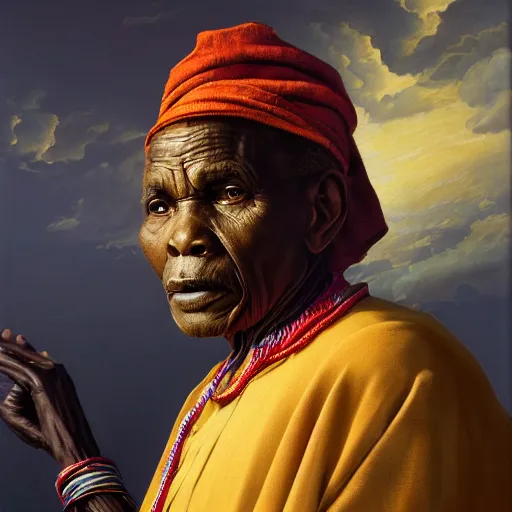 Image similar to a painting of a wise elder from Kenya by Kehinde Wiley . dramatic angle, ethereal lights, details, smooth, sharp focus, illustration, realistic, cinematic, artstation, award winning, rgb , unreal engine, octane render, cinematic light, macro, depth of field, blur, red light and clouds from the back, highly detailed epic cinematic concept art CG render made in Maya, Blender and Photoshop, octane render, excellent composition, dynamic dramatic cinematic lighting, aesthetic, very inspirational, arthouse.