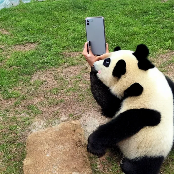 Image similar to a panda is taking a selfie with a smartphone