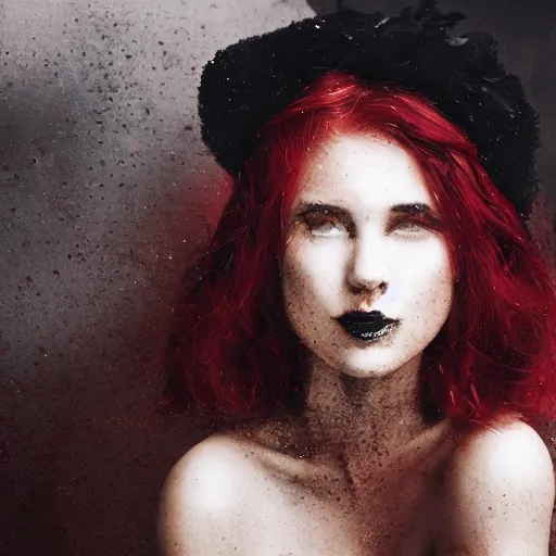 Prompt: half - length portrait of girl in a red hat and black dress, fine art portrait photography by paolo roversi, volumetric lighting, very detailed, high resolution,