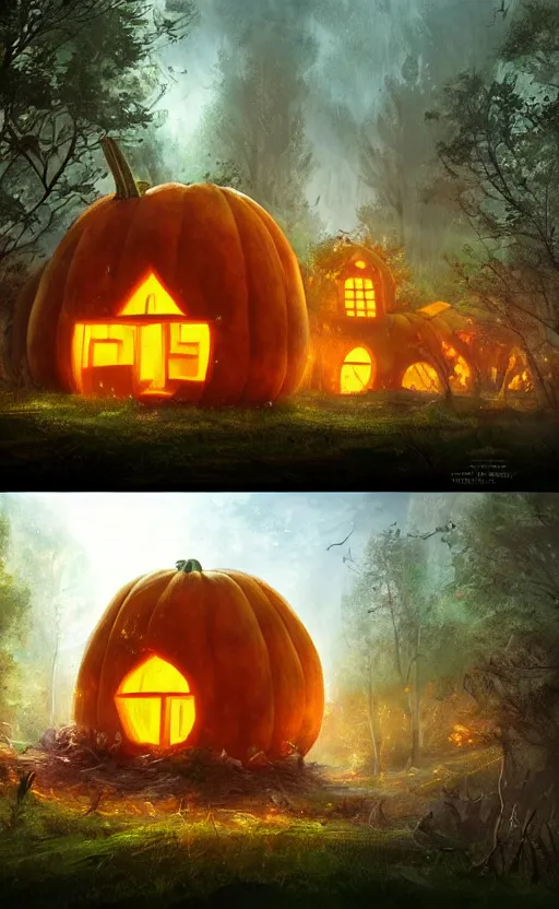 Image similar to a giant pumpkin house in the middle of a forest at night, the lights are on, dynamic lighting, photorealistic fantasy concept art, trending on art station, stunning visuals, creative, cinematic, ultra detailed