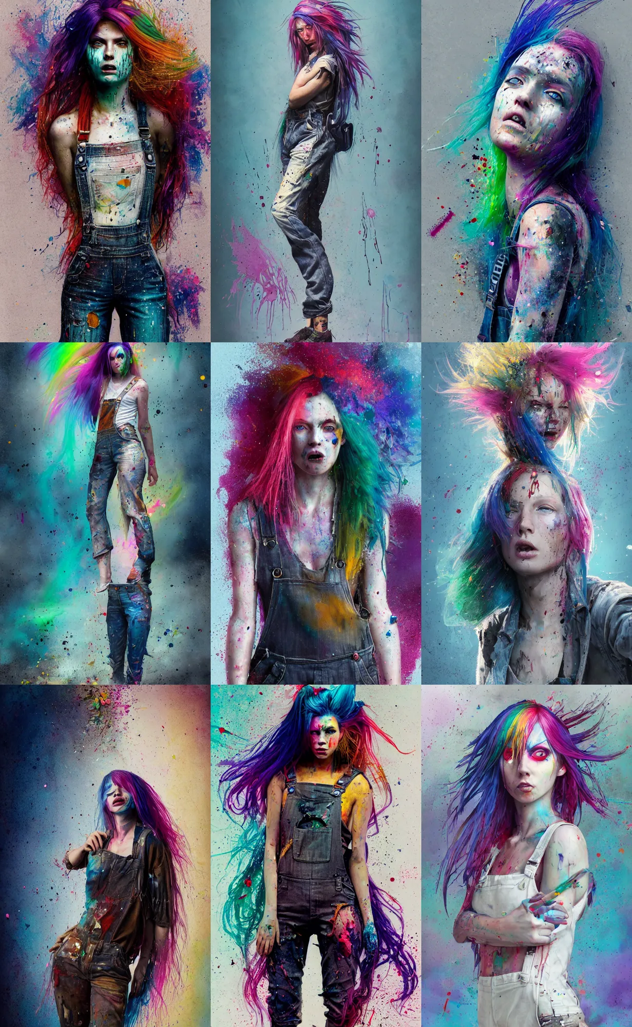 Prompt: a grungy woman with rainbow hair, drunk, angry, soft eyes and narrow chin, dainty figure, long hair straight down, torn overalls, basic paint splattered background, side boob, symmetrical, single person, style of by Jordan Grimmer and greg rutkowski, crisp lines and color,