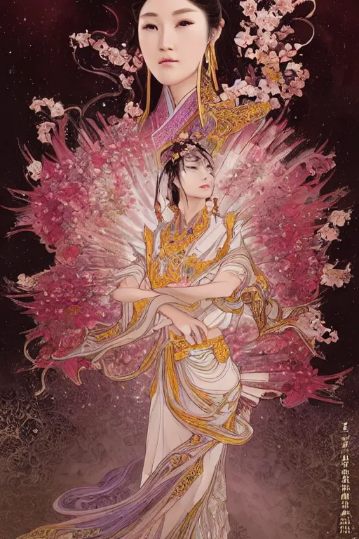 Prompt: beautiful ancient fantasy portrait of wuxia armored heroine wearing like Xian Xia wardrobe, in forbidden City, hybrid from Dynasty Warriror, flowers sea rainning everywhere, intricate, very very beautiful, elegant, highly detailed, digital painting, beautiful glowing galaxy eyes, artstation, fantasy concept art, smooth, sharp focus, illustration, art by WLOP and alphonse mucha and tian zi