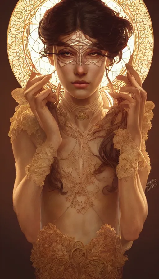 Image similar to masked, perfectly-centered-Portrait of the most beautiful woman on the planet , intricate, highly detailed, digital painting, artstation, concept art, smooth, sharp focus, illustration, Unreal Engine 5, 8K, art by artgerm and greg rutkowski and alphonse mucha