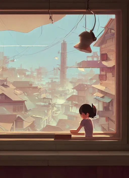 Image similar to seen through a window, woodworker shop, detailed, cory loftis, james gilleard, atey ghailan, makoto shinkai, goro fujita, studio ghibli, rim light, exquisite lighting, clear focus, very coherent, plain background, soft painting