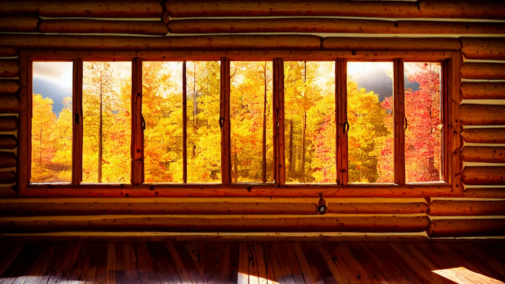 Image similar to inside an old log cabin, the autumn midday light comes in through a window and dimly illuminates the room, softened diffuse light, photorealism, photo taken with canon EOS 5D and 35 mm lens