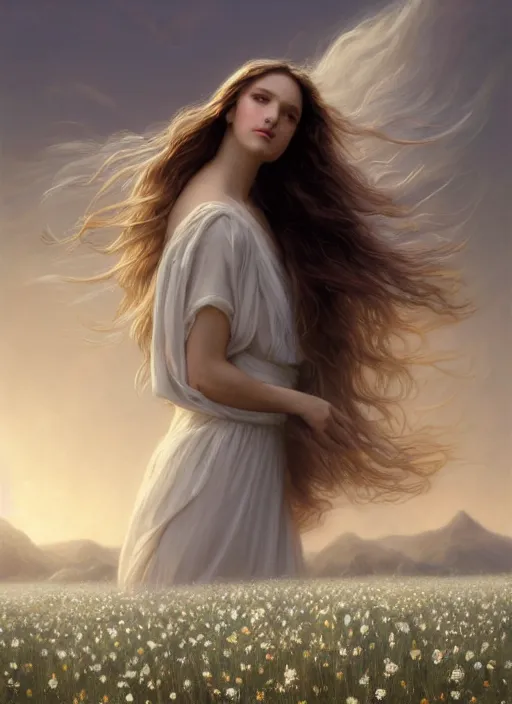 Image similar to oil painting portrait of a young woman with long dark flowing hair in a dress made of white flowers, dancing levitating floating over a field of flowers at sunset with mountains in the background, hazy, digital art, chiaroscuro, artstation, cinematic, golden hour, digital art painting by greg rutkowski, bouguereau, japanese scifi, hazy atmosphere, flowers, cinematic lighting