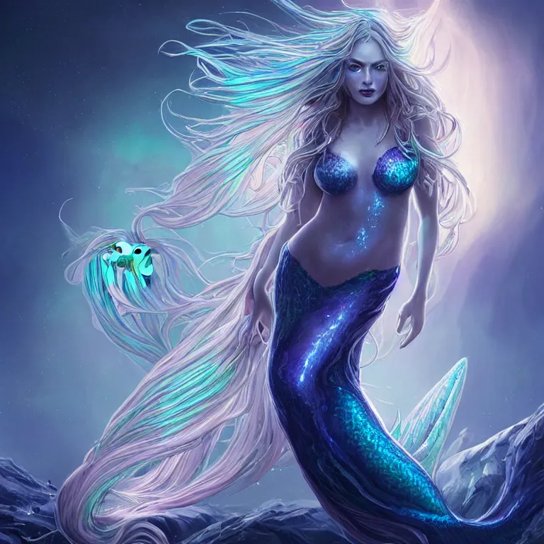 Image similar to beautiful cinematic fantasy poster, a beautiful glistening bioluminescent mermaid wearing a long flowing gown with flowing illuminated hair, beautiful glowing galaxy eyes, wideshot ultrawide angle epic scale, hybrid from The Elden Ring and art direction by Darius Zawadzki ;by artgerm; wayne reynolds art station; cinematic quality character render; low angle; ultra high quality model; production quality cinema model;