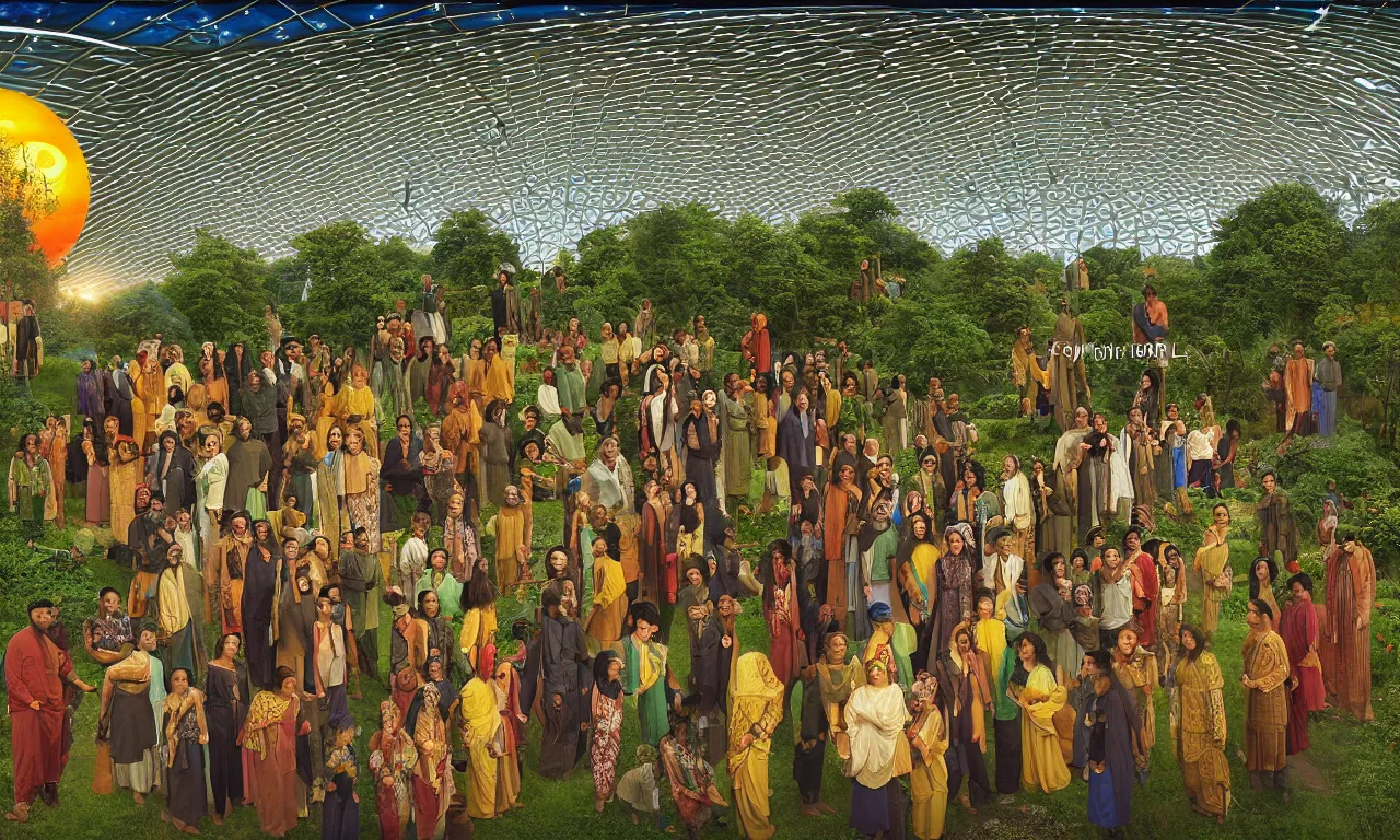 Prompt: very very beautiful portrait of a utopian society, caucasian asian indian african ethnicities, in harmony with nature, solarpunk, community celebration, with detailed realistic smiling faces, surrounded by advanced elegant factory machinery, galaxy and stars visible through the hexagonal glass roof, biomechanical, symmetrical, sunrise, golden ratio, elegant, visionary, streamlined, elite, lush, atmospheric, volumetric lighting, haunting, wide angle, cinematic, trending on artstation, unreal engine, 8k, vivid and vibrant