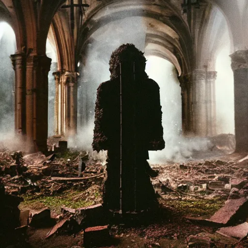 Prompt: dark zuckerberg performing the dark sacrament in the ruins of an old cathedral, vegetation, smoke, steam, dramatic low lighting, ominous, cinestill 8 0 0 t