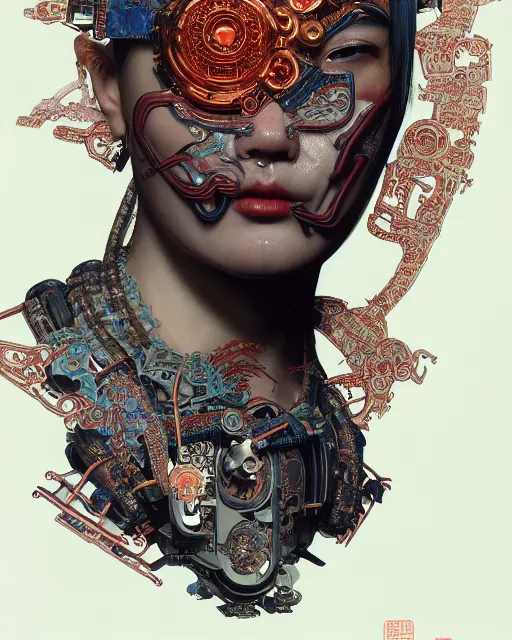 Image similar to portrait of a cyberpunk machine, machine face, upper half portrait, decorated with chinese opera motifs, asian, fine china, traditional chinese art, intricate, elegant, highly detailed, symmetry, headpiece, digital painting, artstation, concept art, smooth, sharp focus, illustration, art by artgerm and greg rutkowski and alphonse mucha, 8 k