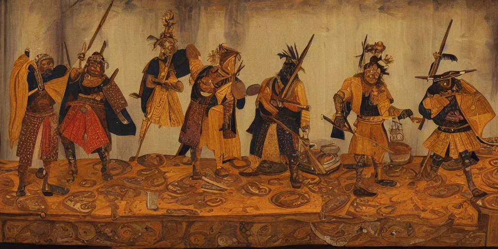 Image similar to Detailed painting of three warriors gathered around a large wooden table. They wear golden cloaks;