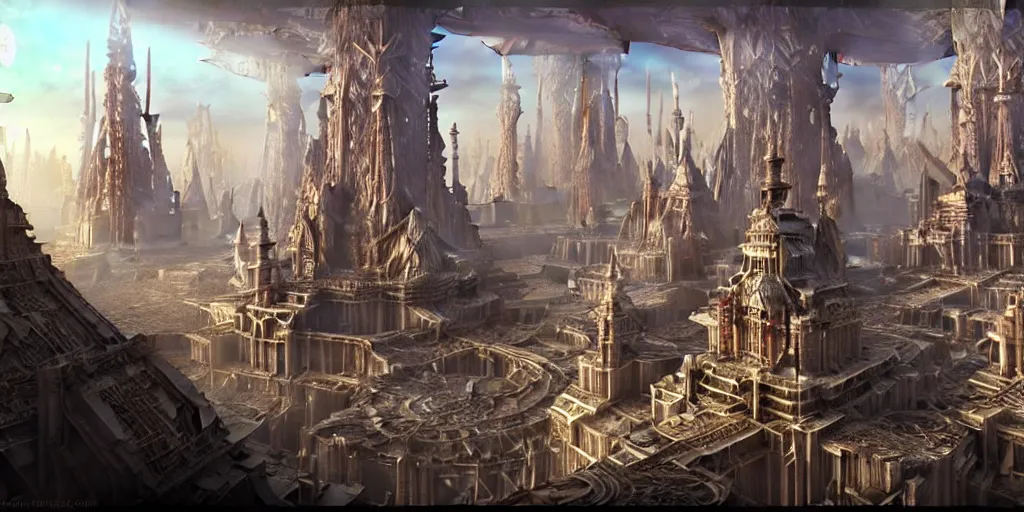 Prompt: a beautiful and insanely detailed matte painting of an advanced sprawling civilization with surreal architecture designed by akihiko yoshida!, whimsical!!, epic scale, intricate details, sense of awe, elite, fantasy realism, complex layered composition!!