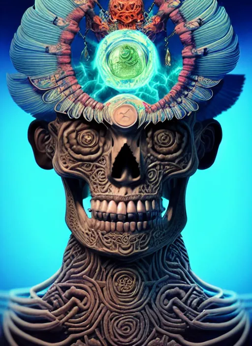 Image similar to 3 d shaman with tattoos profile portrait, sigma 5 0 0 mm f / 5. beautiful intricate highly detailed quetzalcoatl skull and feathers. bioluminescent, plasma, lava, ice, water, wind, creature, thunderstorm! artwork by tooth wu and wlop and beeple and greg rutkowski, 8 k trending on artstation,