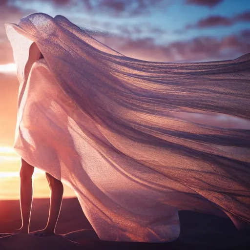 Image similar to filmstill photography of female body covered with curly white translucent blanket blowing in wind, acrylic liquid colors, luxurious supermodel photoshooting, golden jewelry, bokeh, godrays, strong wind, wrinkles, sunrays, sunset, lens flares, cold colors, sand dunes