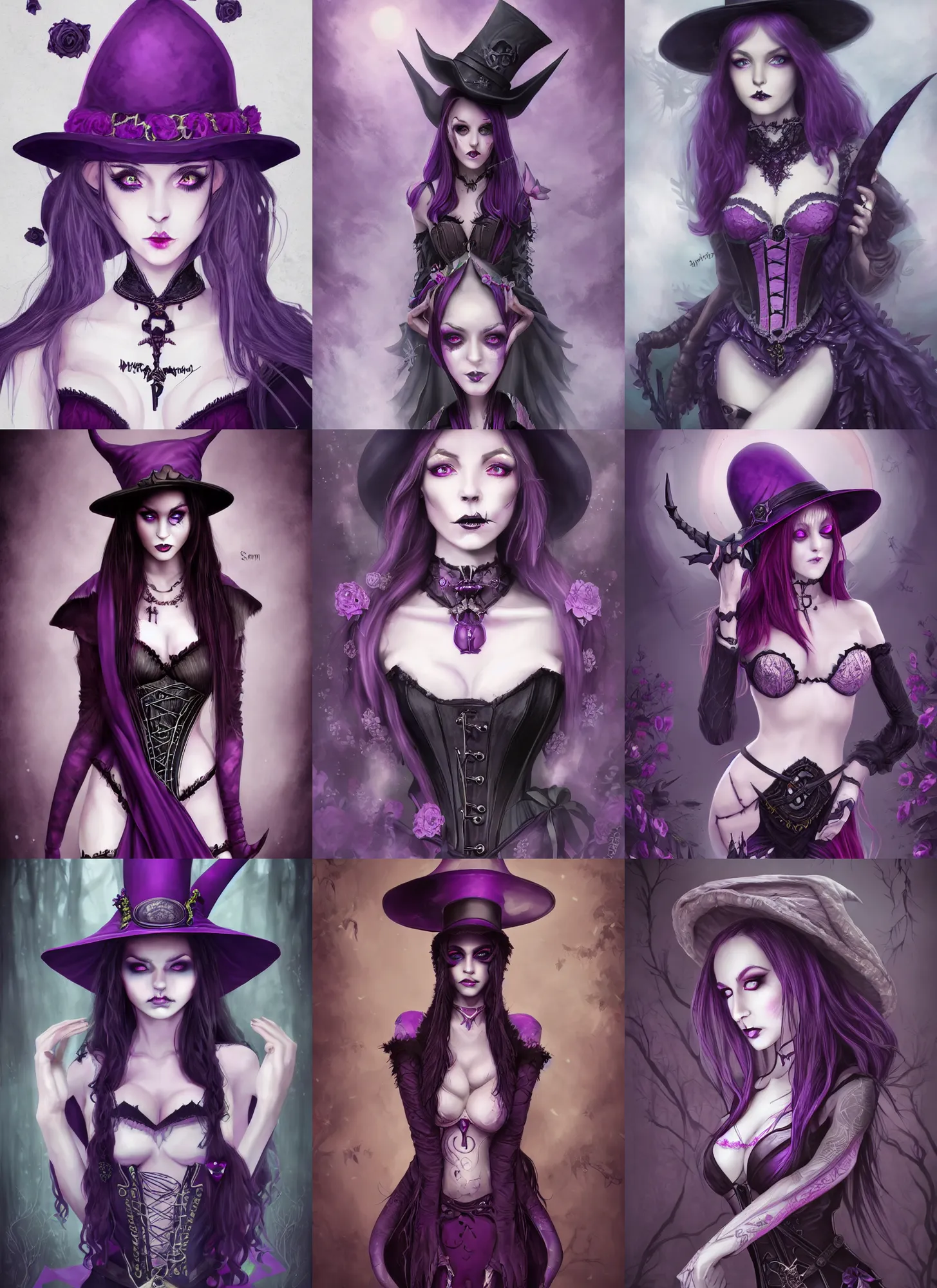 Prompt: body portrait of gorgeous necromancer, elf, female, purple skin, black pupils, evil, victorian dress, corset, hat, gloomy, high fantasy, dnd, highly detailed, smooth, sharp focus, illustration, by sakimichan, wlop, frank franzzeta