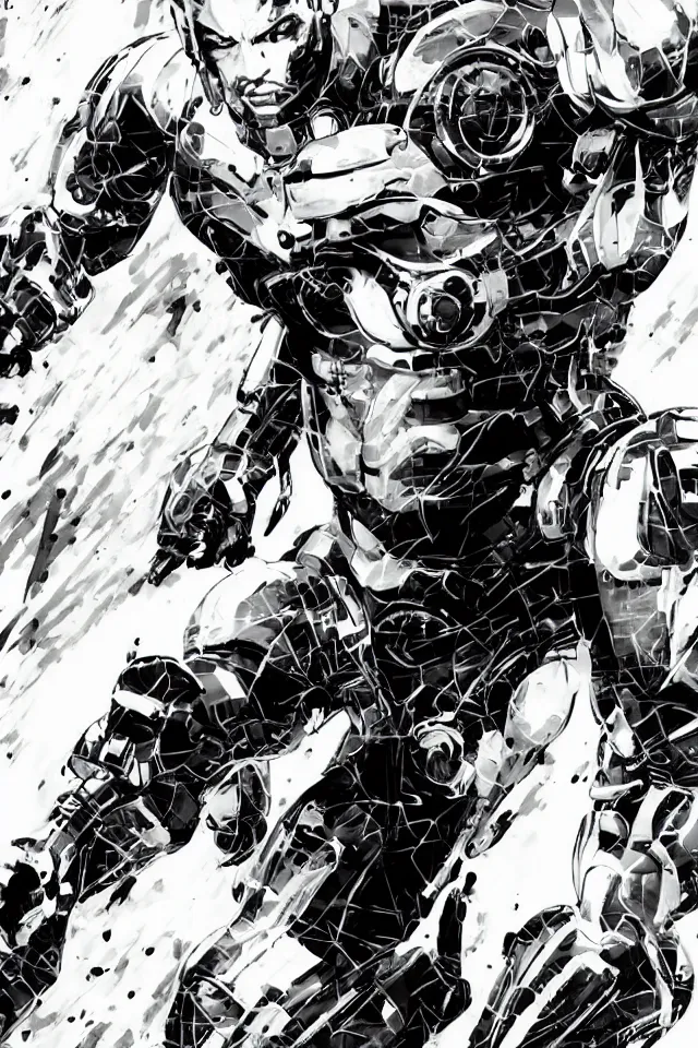 Prompt: a full - body portrait of cyborg ninja joe rogan, in yoji shinkawa's art style, metal gear solid art style, highly detailed, 4 k, artistic, white background, b & w