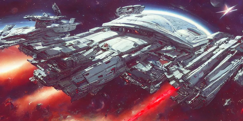 Prompt: a massive spaceship in space, red and white in colour modular in design, metallic and fitted with laser weapons and railguns, very detailed digital art and painting by h. r giger, john berkey, michael whelan, trending on artstation and deviantart