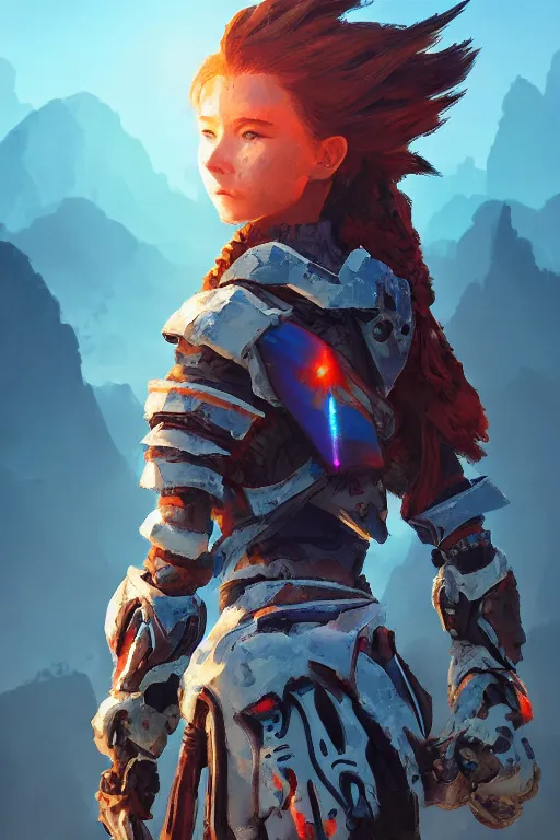 Image similar to combination suit armor aloy horizon forbidden west horizon zero dawn radiating a glowing aura global illumination ray tracing hdr fanart arstation by ian pesty and alena aenami artworks in 4 k tribal robot ninja mask helmet backpack