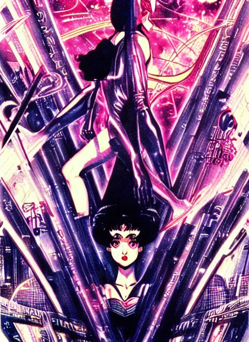 Image similar to illustration of sailor moon in the world of blade runner 1 9 8 2, poster in 8 0 s style, joao ruas style