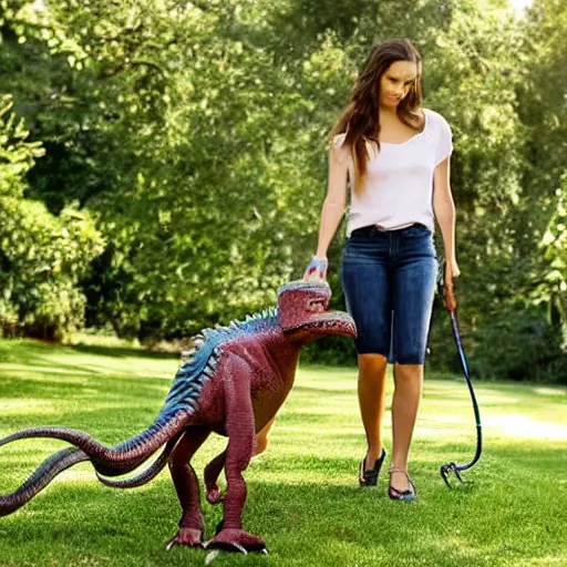 Prompt: award winning portrait of a young woman walking her pet dinosaur on a leash,