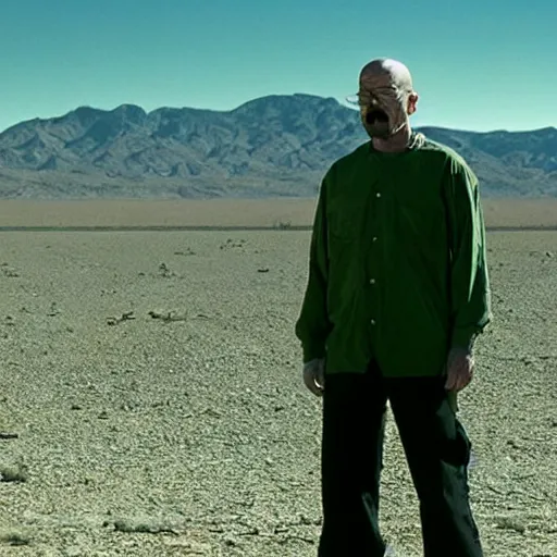 Image similar to walter white in shock with his mouth opened, crying, speechless, desert background, breaking bad