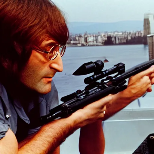 Image similar to john lennon looking down a sniper rifle, city background, photography, high quality, 8 k,