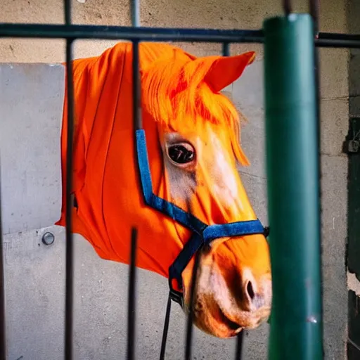 Image similar to horse with orange inmate clothes, in a jail