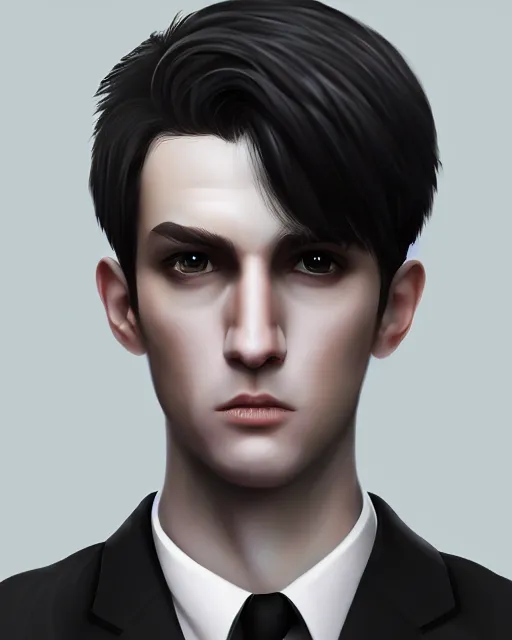 Image similar to detailed portrait Young Adult Male in business suit. Cyberpunk style, corporate styled pure black hair, Pale skin, blank facial expression, Simple professional fitting suit, illustrated by Nai_ Ga Artstation Perfect face, fine details, realistic shaded,