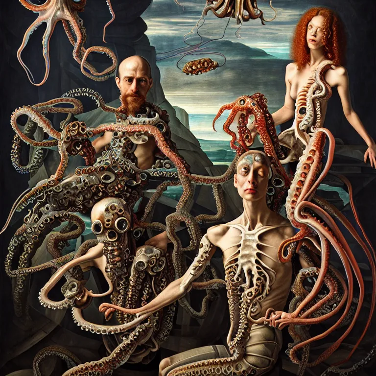 Prompt: cyborg couple wearing exoskeleton, holding a squid, octopus, sea in the background, beautiful baroque portrait painting, psychedelic, trippy, hallucination, dream, beautiful detailed intricate insanely detailed octane render trending on Artstation, 8K artistic photography, photorealistic, chiaroscuro, Raphael, Caravaggio
