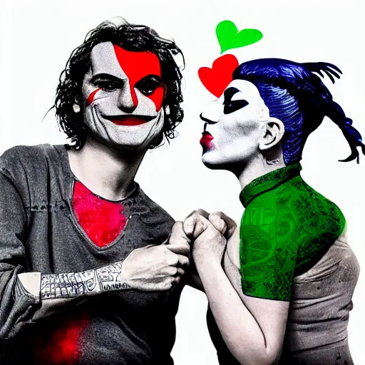 Prompt: mimmo rottela and banksy as joaquin phoenix skinny joker holding hand lady gaga harley queen, ultra photorealistic, intricate details, pop art style, concept art, random object movement, 3 colors, 4 k, smooth, sharp focus