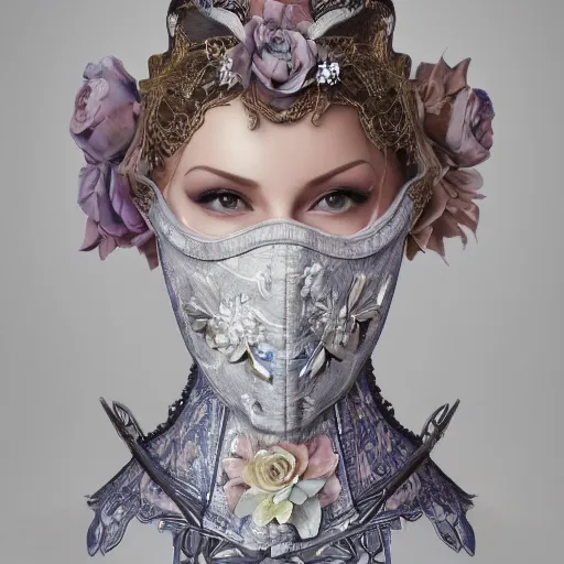 Prompt: A masterpiece ultrarealistic ultradetailed portrait of a Incredibly beautiful angel armored princess knight IN INCREDIBLE ceramic GAS MASK WITH FLOWERS and swarovski crystals. baroque renaissance. in the forest. White amazing corset. medium shot, intricate, elegant, highly detailed. trending on artstation, digital art, by Stanley Artgerm Lau, WLOP, Rossdraws, James Jean, Andrei Riabovitchev, Marc Simonetti, Yoshitaka Amano. background by James Jean and Gustav Klimt, light by Julie Bell, 4k, porcelain skin. BY ZDIZISLAW BEKSINSKI Cinematic concept art