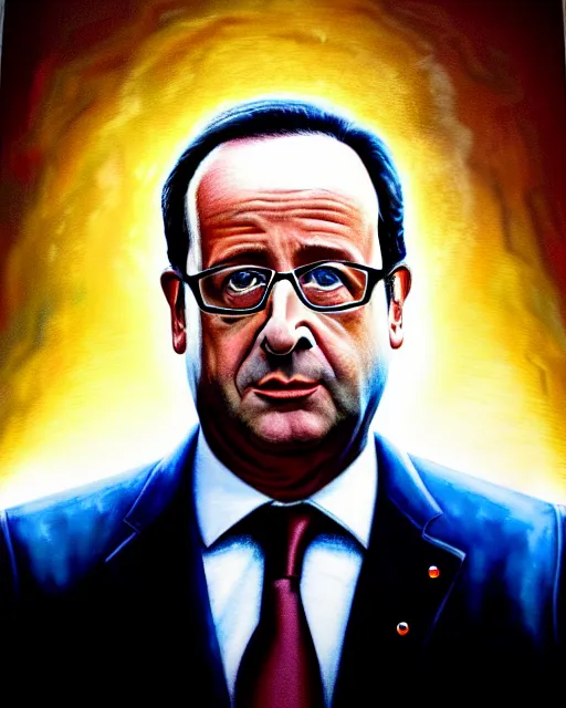 Image similar to hyperrealistic mixed media painting of François Hollande as Superlan, marvel, heroic pose, stunning 3d render inspired art by P. Craig Russell and Barry Windsor-Smith + perfect facial symmetry + dim volumetric lighting, 8k octane beautifully detailed render, post-processing, extremely hyperdetailed, intricate, epic composition, grim yet sparkling atmosphere, cinematic lighting + masterpiece, trending on artstation, very very detailed, masterpiece, stunning