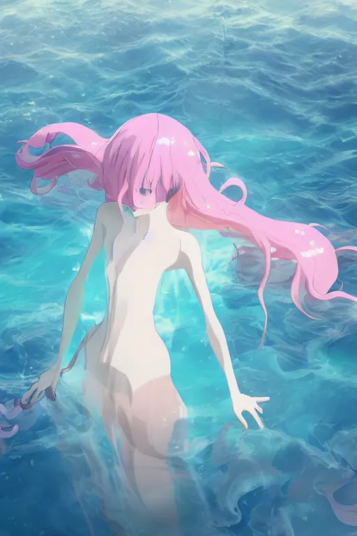 Image similar to 3D CG anime Land of the Lustrous Houseki no Kuni character Ventricosus translucent very light pink jelly woman with thick chest size and pink transparent bouffont dress frills hair in a bun standing at the bottom of the ocean near the surface, sun rays shine through the water, facing the camera, beautiful composition, 3D render, cel shaded, 8k, key visual, made by Haruko Ichikawa, Makoto Shinkai, studio Ghibli, Kyoto Animation