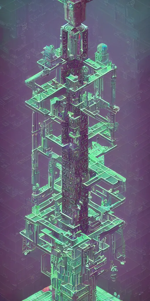 Prompt: isometric portrait of advanced alien, his last moment, mystical, magicavoxel intricate ornamental tower floral flourishes, technology meets fantasy, map, infographic, concept art, art station, style of monument valley, giger, wes anderson