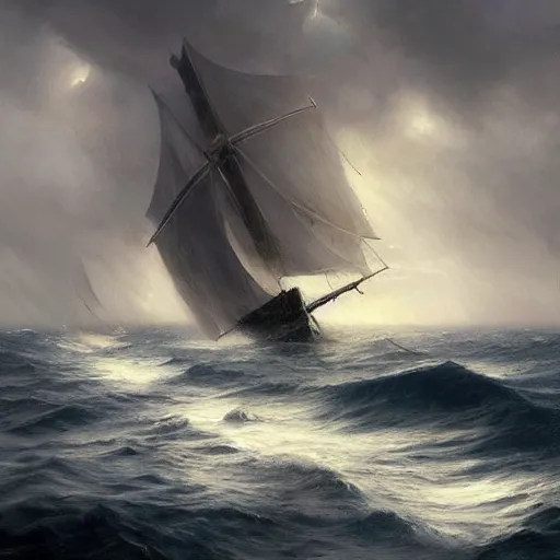 Prompt: an old sailboat in stormy waters at sea, epic fantasy art, digital art, by greg rutkowski and arnold bocklin, artstation